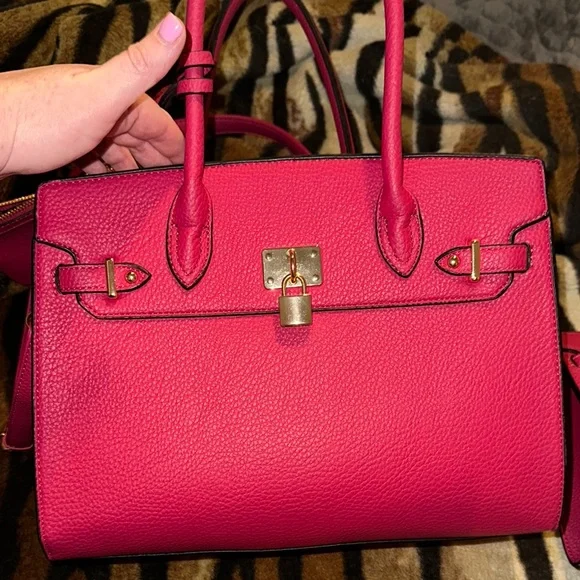 3 pcs. Set Vibrant Pink Leather Tote Bag- fake Birkin bag - Picture 8 of 8